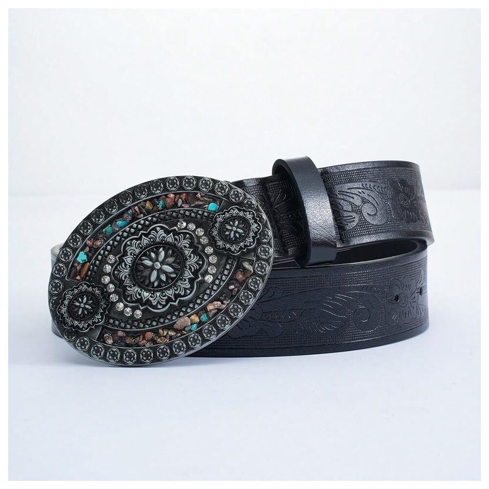 9895 Women's Rhinestone Buckle Belt Floral Embossed Turquoise Leather - Picture 5 of 5